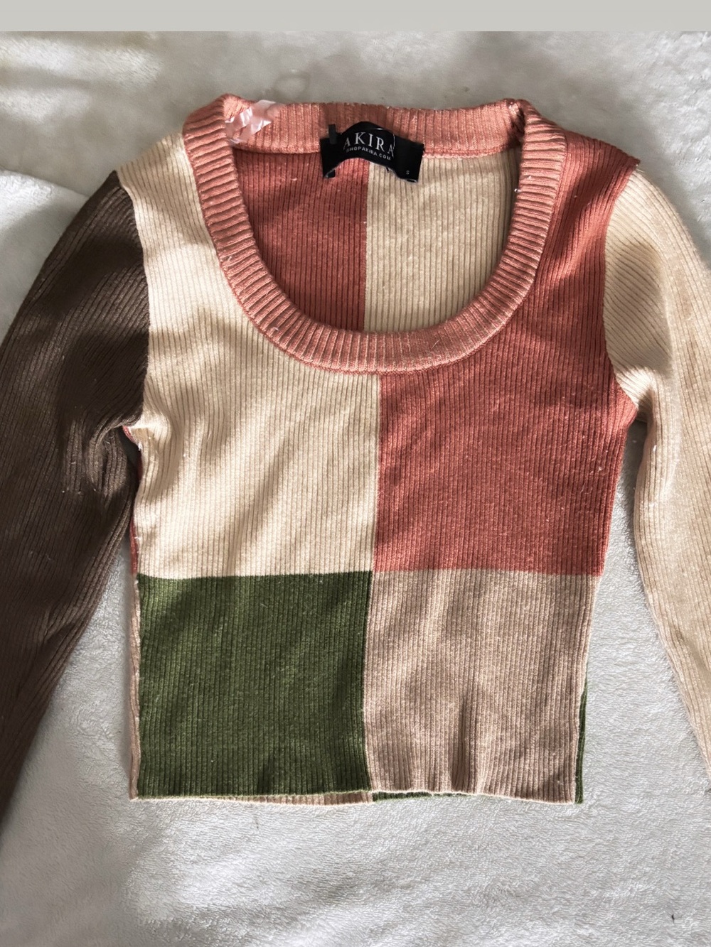 AKIRA Pink, Cream, Olive & Brown Colorblock Scoop Neck Sweater